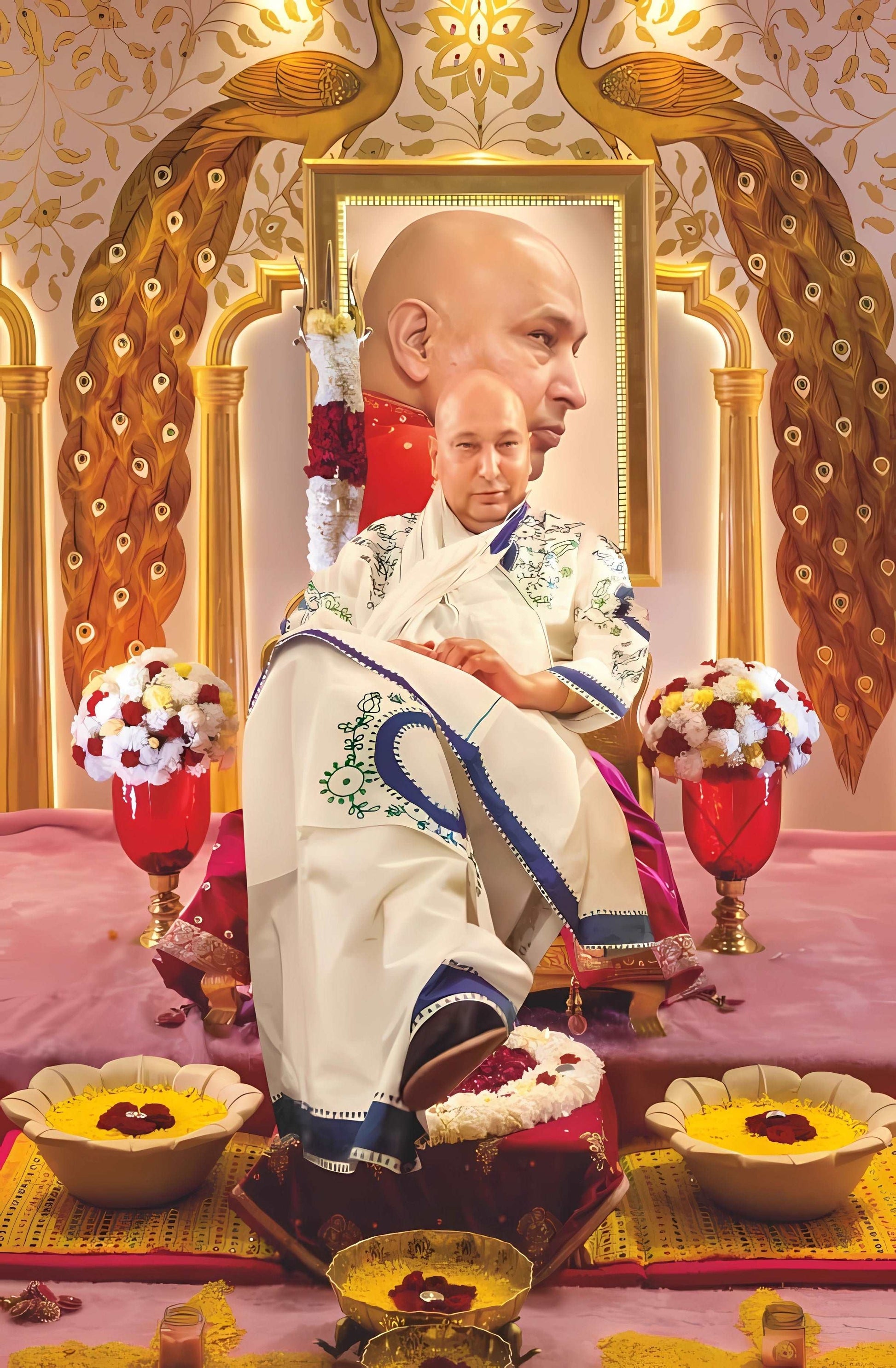 Guruji HD Swaroop White with Blue Chola with Peacock Decorated Shrine