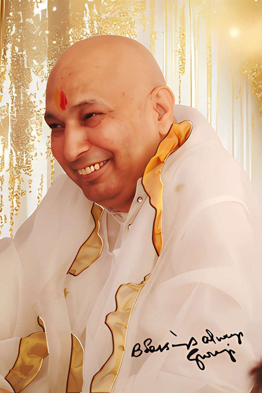 Guruji HD Swaroop White Chola with Golden Background with Blessings