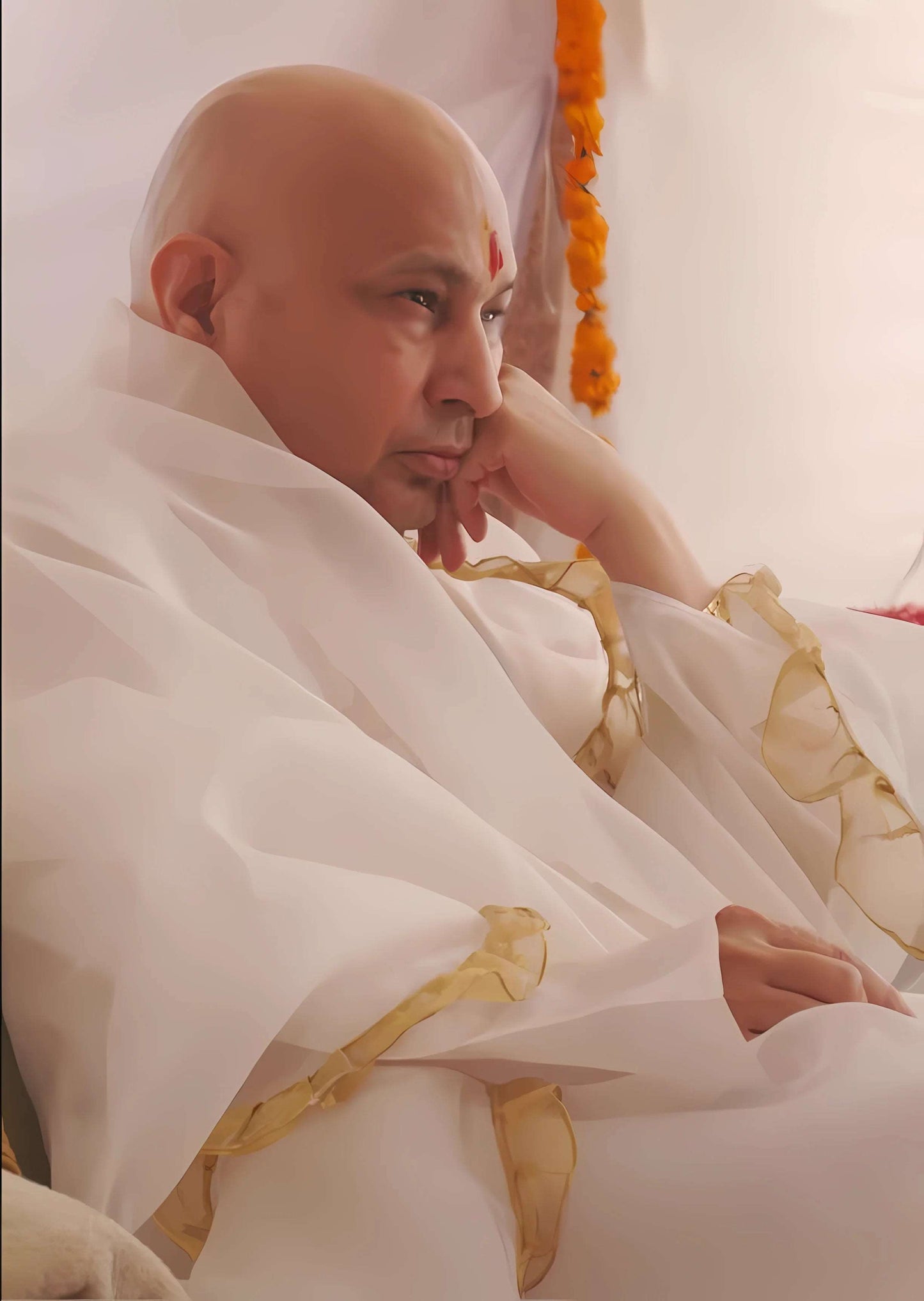 Guruji HD Swaroop Contemplative Pose in White Chola