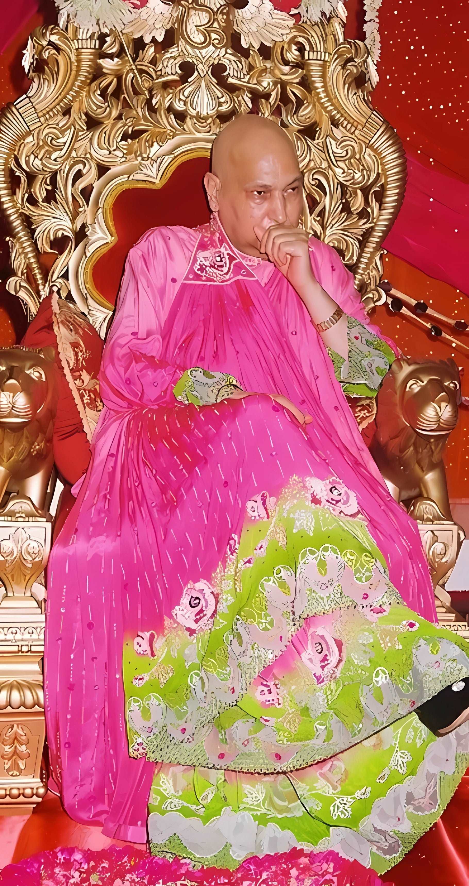 Guruji HD Swaroop Pink and Green Chola with Gold Throne 13x19 inches